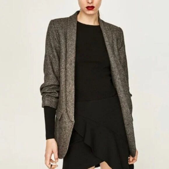 Zara Herringbone Ruched Sleeve Open Front Blazer - XS - Picture 1 of 5